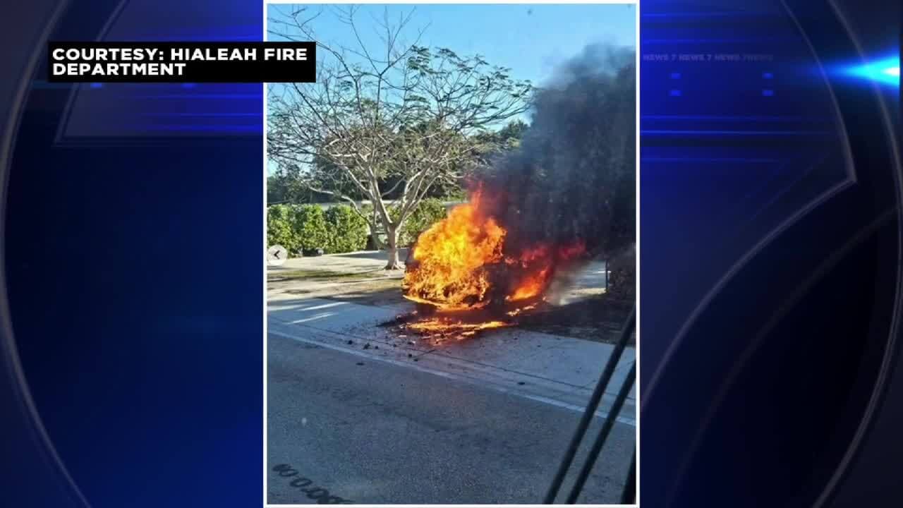 Car left destroyed after fire crews extinguish flames in Hialeah