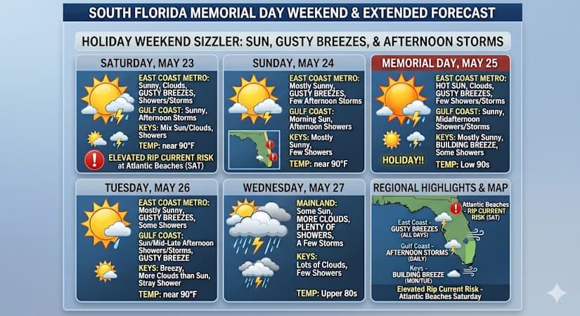 Holiday Weekend Sizzler: Sun, Gusty Breezes, and Afternoon Storms Ahead