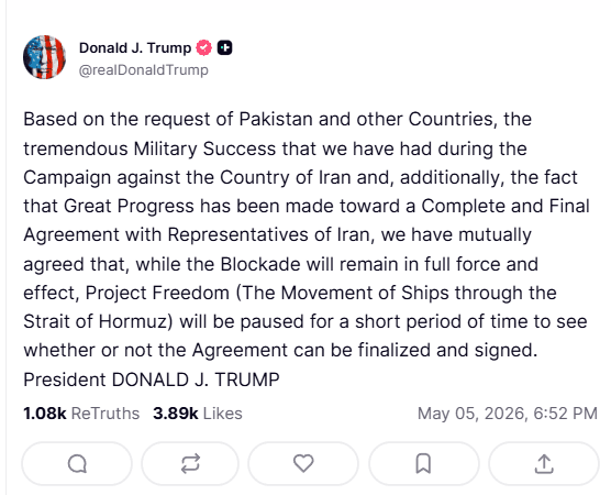 Trump Halts “Project Freedom” Amidst High-Stakes Iran Negotiations