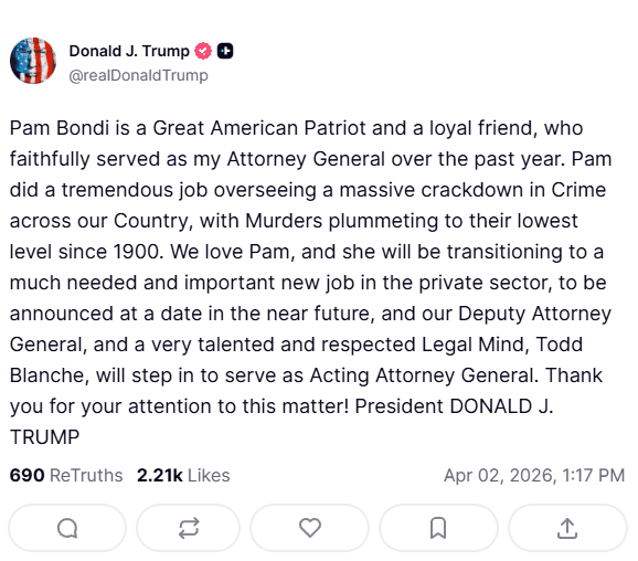 Trump Ousts Attorney General Pam Bondi Amid Growing Dissatisfaction