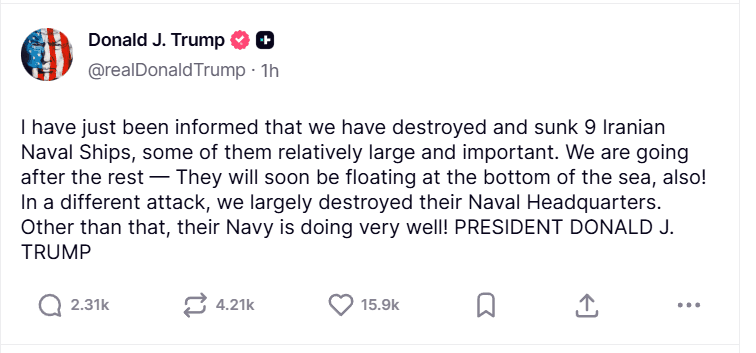 Trump Says We Sank Nine Iranian Ships – And More To Come