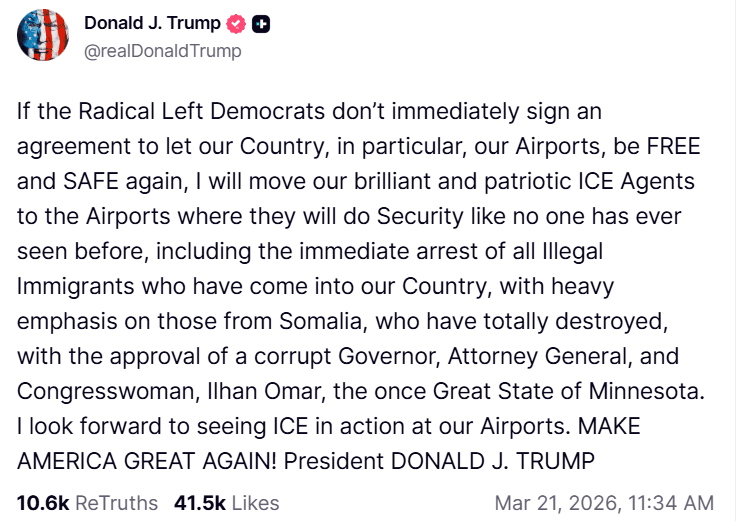 Trump Threatens ICE Deployment at Airports Amid DHS Funding Standoff