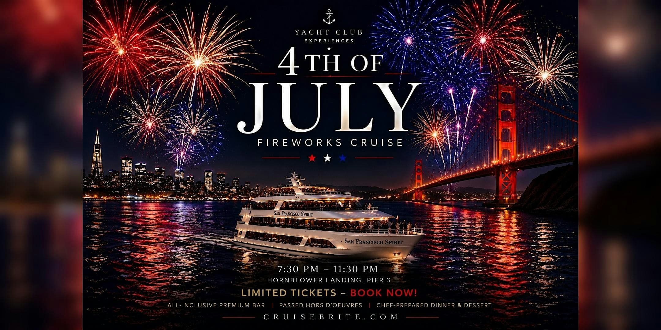 4th of July Fireworks Yacht Cruise | SF Spirit Hornblower| All-Inclusive
