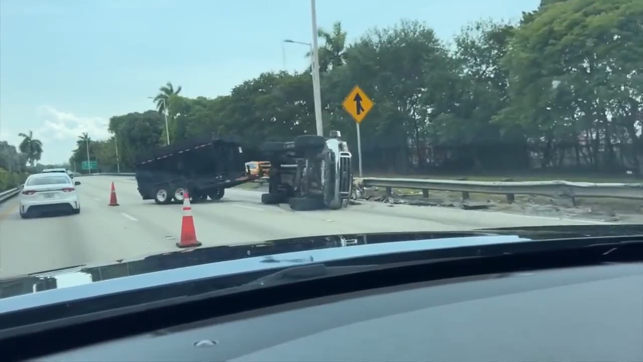 A wreck in Northwest Miami-Dade involving work truck with attached trailer causes traffic
