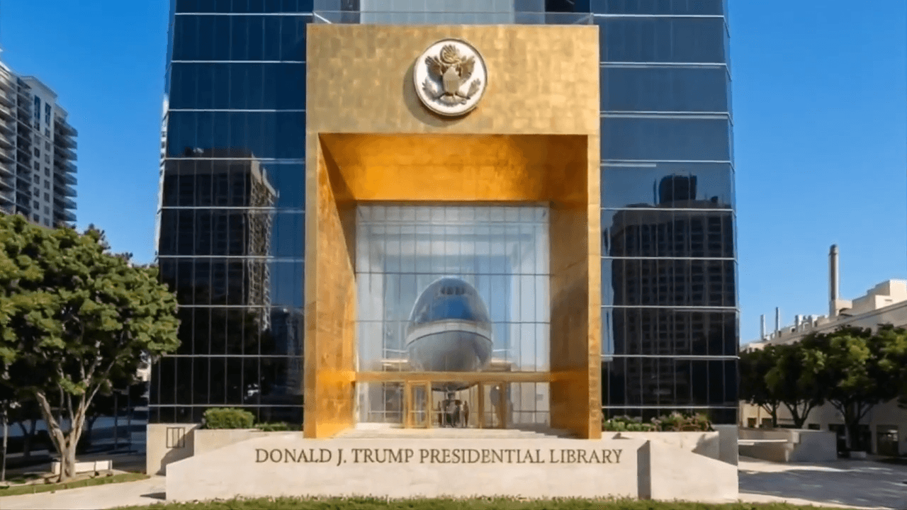 Airport cleared to be renamed for Trump as he unveils design for skyscraper library