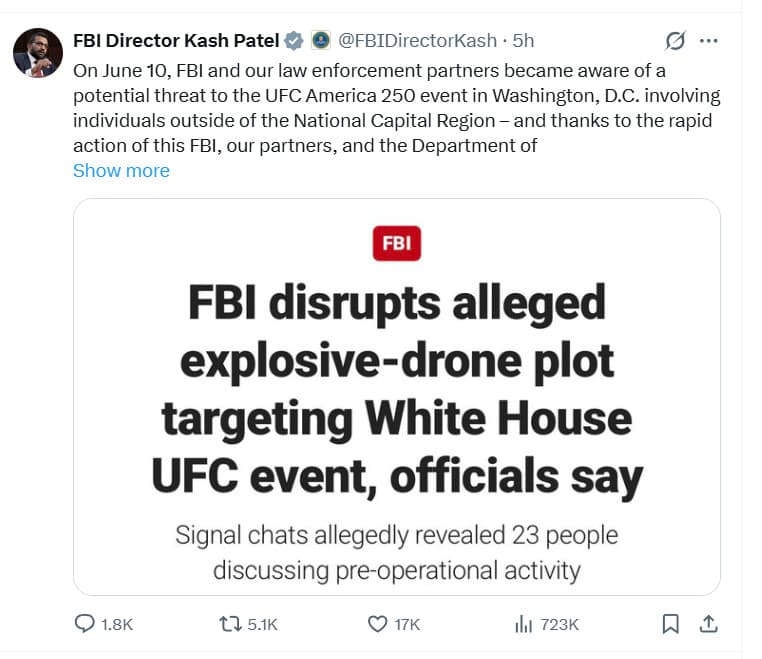 FBI Thwarts Devastating Drone and Sniper Terrorist Plot Targeting UFC 250 at the White House