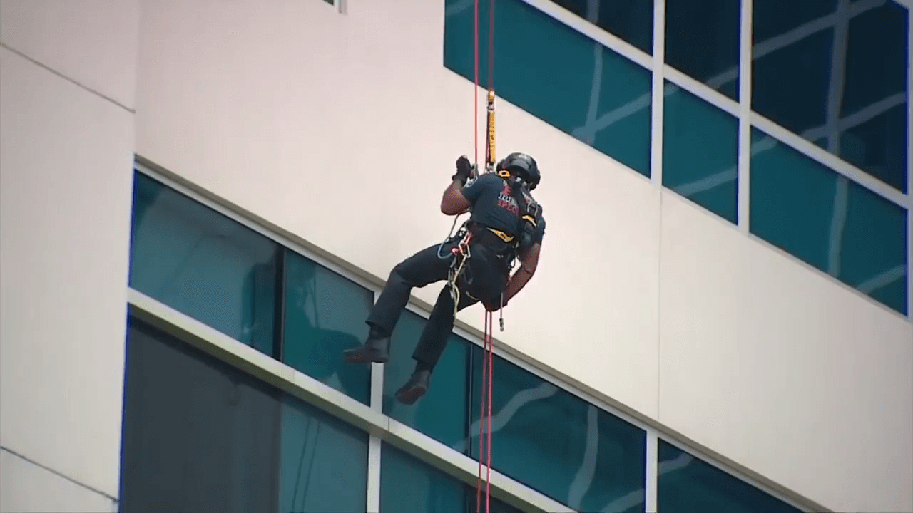 First responders rappel down Joe DiMaggio Children’s Hospital to inspire kids to be their own heroes