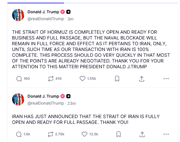 Global Markets Rally as Trump and Tehran Announce Reopening of the Strait of Hormuz to Commercial Traffic