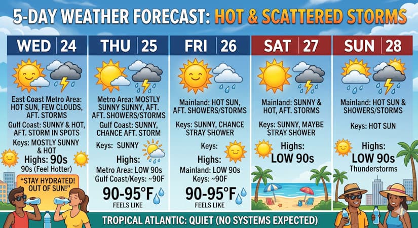 Intense Heat and Scattered Afternoon Storms Dominate the Five-Day Forecast