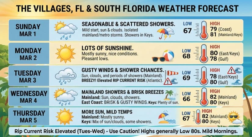 Mild Start to March With Coastal Showers and Gusty Breezes