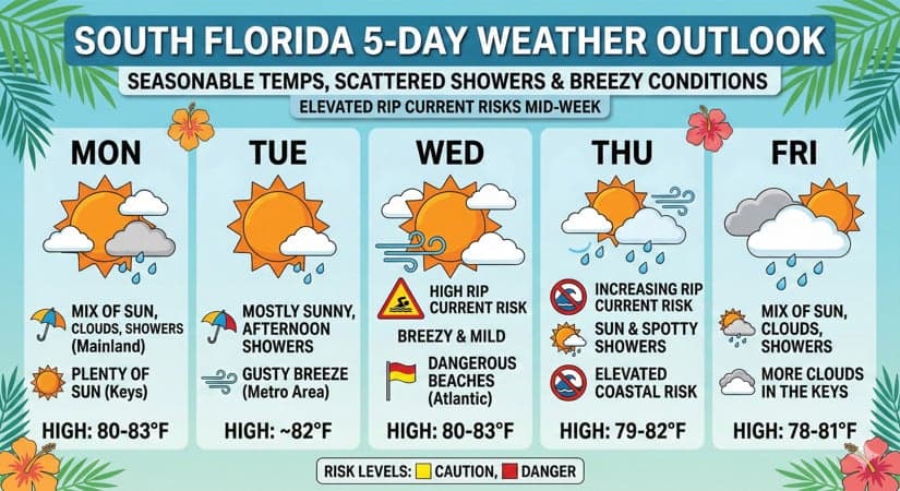 South Florida Braces for Breezy Week as Rip Current Risks Rise Amid Seasonable Temperatures and Scattered Showers