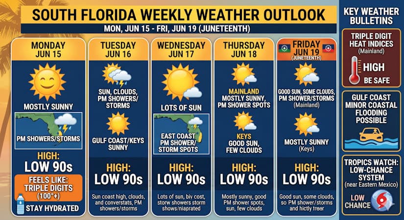 South Florida Faces Scorching Mainland Heat and Afternoon Storms While Tropics Monitor Distant Gulf Disturbance