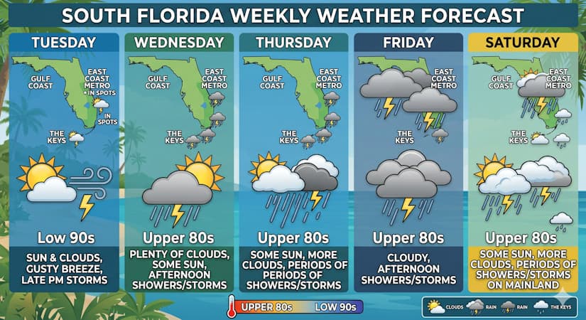 South Florida Forecast: Daily Rain Chances And Gusty Breezes Accompany Humid, Upper-80s Temperatures This Week
