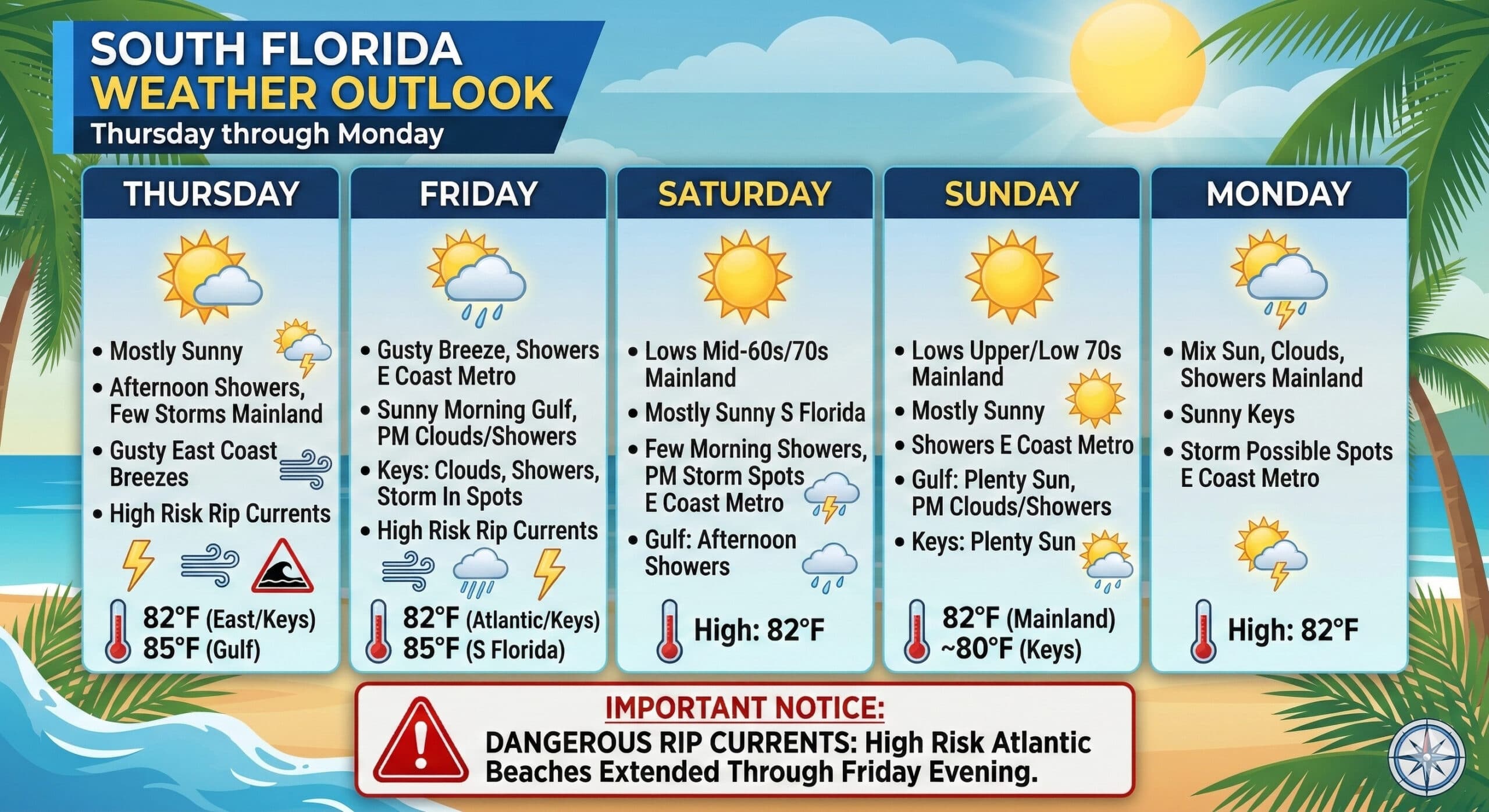 South Florida Sunny With Afternoon Showers and High Rip Current Risk Through the Weekend