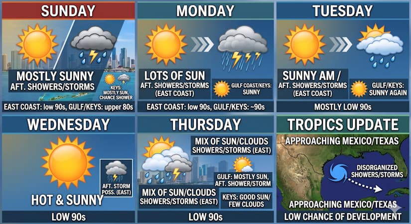 South Florida To Experience Typical Summer Heat And Showers As Tropical Disturbance Heads Toward Texas