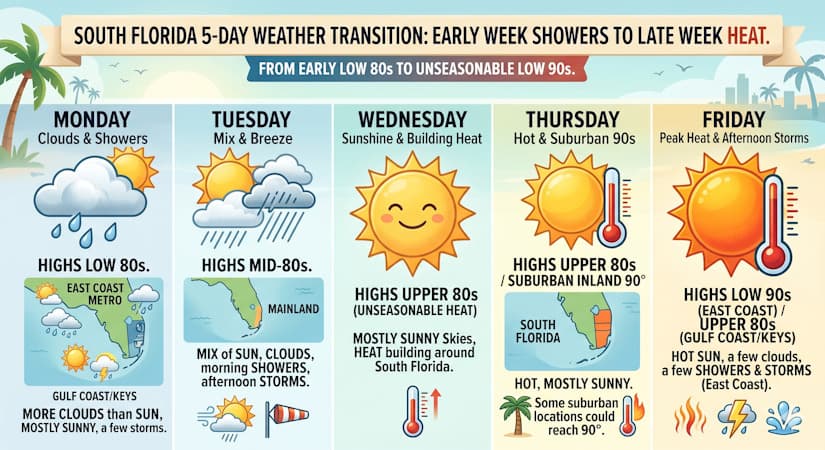South Florida Transitions From Early Week Showers To Unseasonable Late Week Heat Across The Region