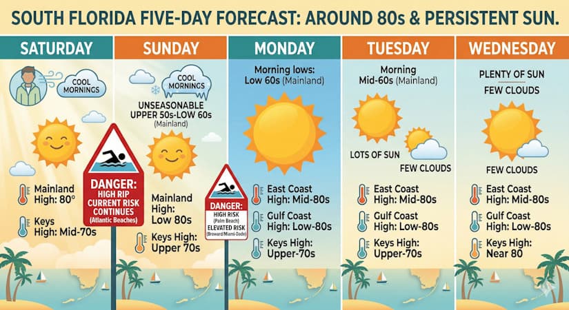 South Florida Weather: Abundant Sunshine and Rising Temperatures Ahead with Persistent Atlantic Beach Rip Current Hazards