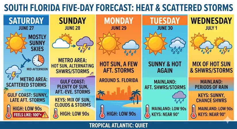 South Florida Weekend Forecast: Scorching Low 90s Paired With Scattered Afternoon Storms And Quiet Tropics