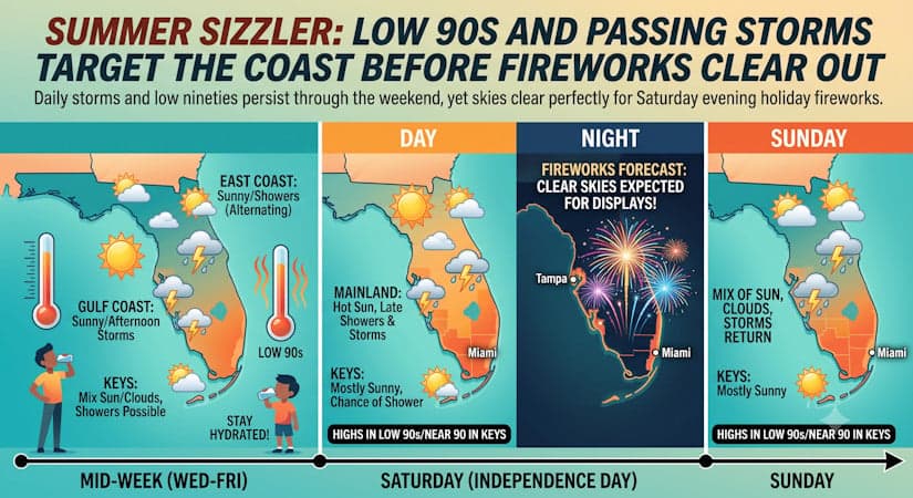Summer Sizzler: Low 90s And Passing Storms Target The Coast Before Fireworks Clear Out