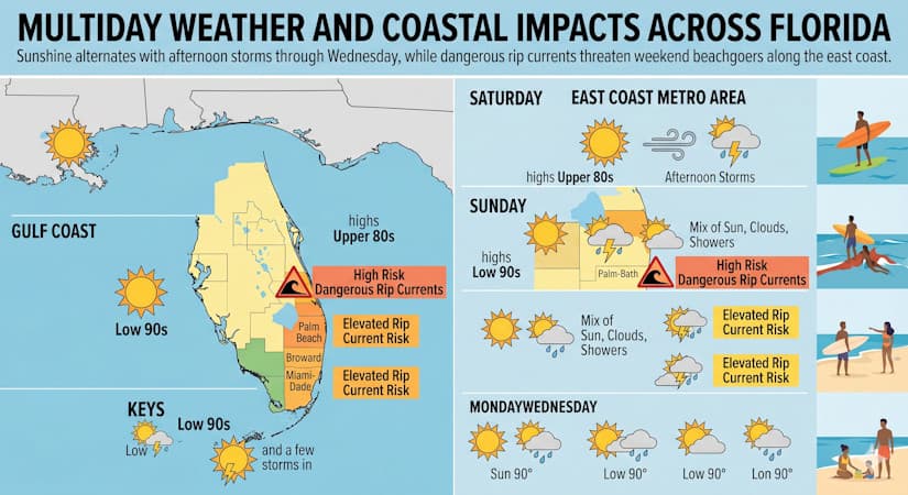 Sun, Daily Storms, and High Rip Current Risks Define the Five-Day Forecast