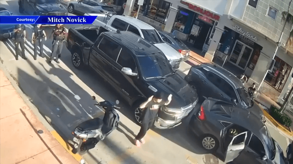 Surveillance video shows takedown of wanted man in Miami Beach accused of burglary at North Miami gas station
