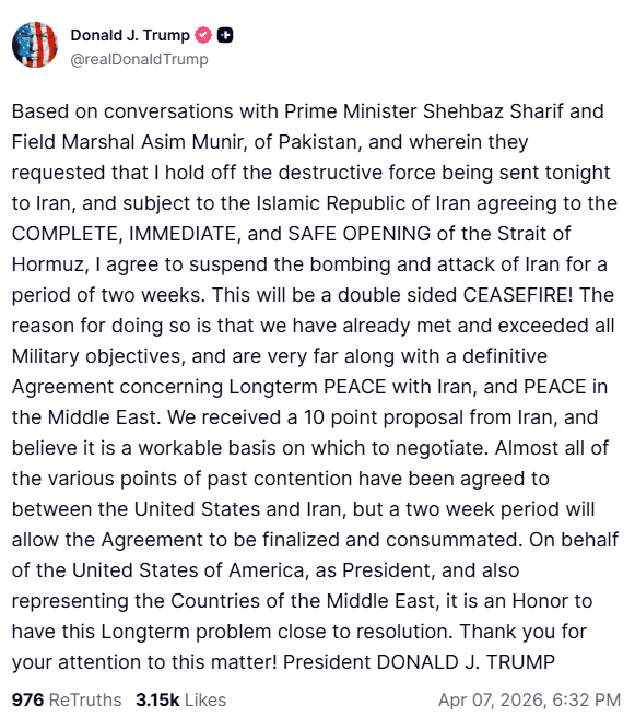 Trump Agrees to Two-Week Ceasefire; Strait of Hormuz to Reopen as “Final Deadline” Expires (Video)