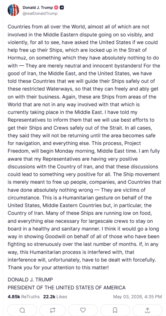 Trump Announces “Project Freedom” to Escort Ships Through Strait of Hormuz