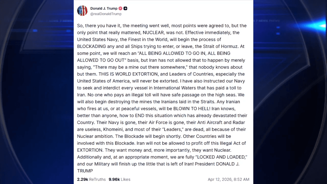 Trump threatens Strait of Hormuz blockade after US-Iran ceasefire talks end without agreement