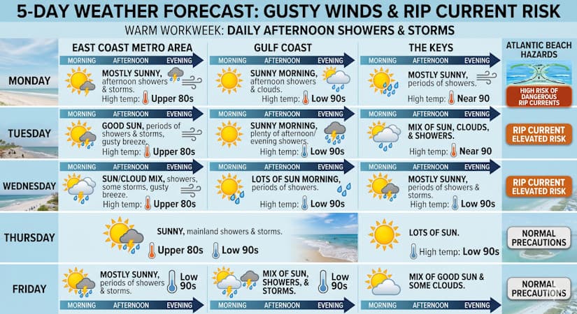 Warm Workweek Ahead: Daily Afternoon Storms, Gusty Winds, and Coastal Hazards