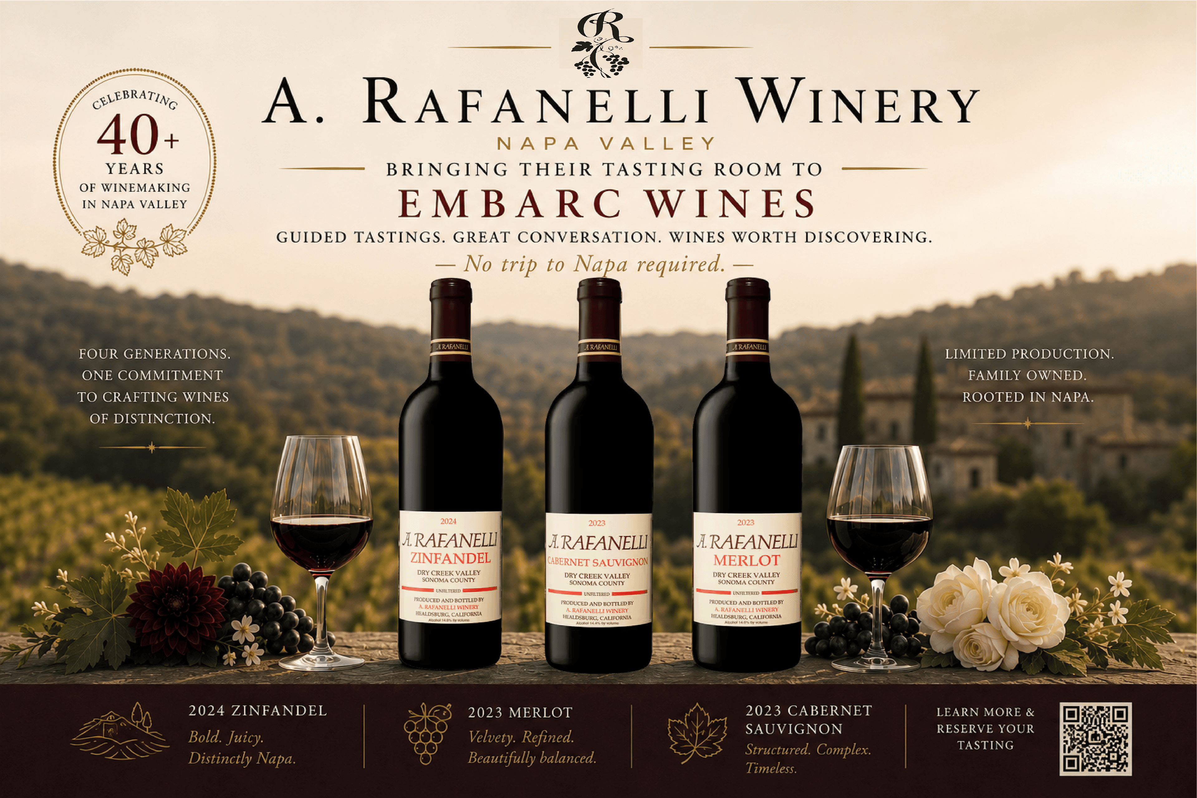 Exclusive A. Rafanelli Winery Wine Tasting at Embarc Wines